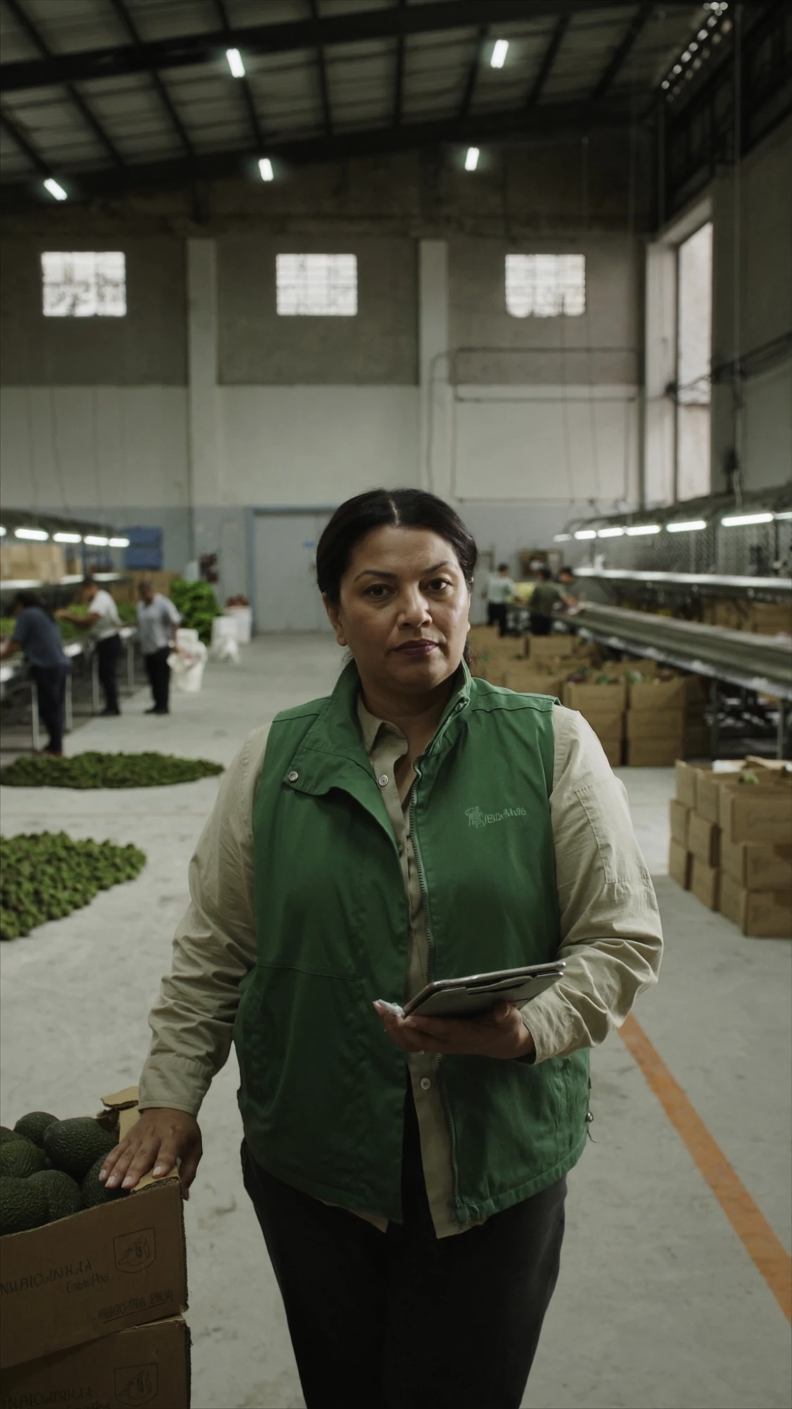 Imagen ilustrativa: dueña de una planta empacadora de paltas, de pie en su almacén, con una tableta en la mano.